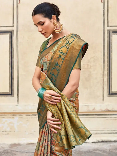 Attractive Green & Cream Zari Weaving Silk Festival Wear Saree